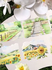 4 rouleaux/boîte Ensemble de rubans en PET imperméables de style de peinture à l'huile pastorale décontractée, avec différents motifs de paysages pastoraux imprimés en grand format. Utilisés pour la confection de matériaux de décoration de cahier, de paysage et de cadeaux pour les amis à la rentrée scolaire - Multicolore - Voir 5