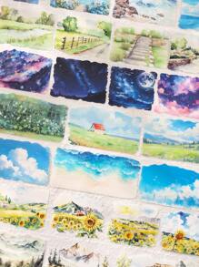 4 rouleaux/boîte Ensemble de rubans en PET imperméables de style de peinture à l'huile pastorale décontractée, avec différents motifs de paysages pastoraux imprimés en grand format. Utilisés pour la confection de matériaux de décoration de cahier, de paysage et de cadeaux pour les amis à la rentrée scolaire - Multicolore - Voir 4