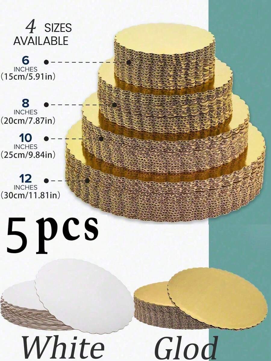 5 đế lót bánh, màu trắng và vàng, hình tròn 6, 8, 10, 12 inch, đế bánh giấy tròn chống thấm nước và chống dầu mỡ, thích hợp cho việc tự làm bánh, trưng bày món tráng miệng và đồ thủ công. - Vàng - Xem 1