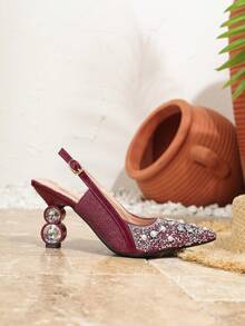 优雅钻石婚鞋，不对称方形鞋跟镶嵌酒红色高跟鞋新娘凉鞋，外观高档 - 酒紅色 - 查看 5