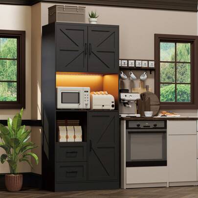 68'' Tall Kitchen Pantry Storage Cabinet With LED Lights And Power Strip, Farmhouse Kitchen Pantry With Barn Doors, 2 Drawers And Adjustable Shelves For Dining Living Room (Black/ White)