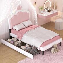 Twin Size Upholstered Princess Bed With Crown Headboard And 2 Drawers,Twin  Size Platform Bed With Headboard And Footboard, Pink+White - 粉色 - 查看 2