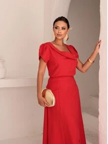 Skirt And Blouse Set In Twill Viscose Short Sleeve Blouse With Boat Neckline Midi Skirt With Flared Model With Pockets And Front Slit - 紅色 - 查看 4