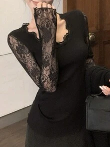 Autumn/Winter New Sexy Lace Patchwork Knit Slim Fit Camisole Top - Black - View 5
