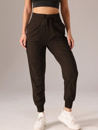 1件装 女士运动风褶皱纯色休闲长裤紧身裤