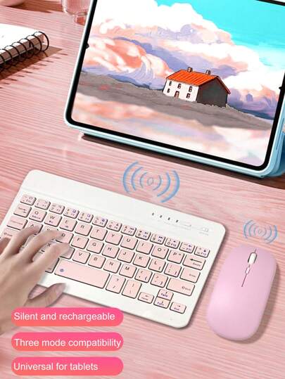 轻巧便携静音 7 英寸无线鼠标和键盘套装，可充电，适用于笔记本电脑、平板电脑、手机、办公室和游戏，兼容多种系统，粉色鼠标和键盘