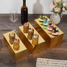 Elevadores de acrílico para exhibición de alimentos, cajas de elevadores dorados, 3 piezas, soporte de exhibición rectangular, elevadores de buffet para catering, mesa de buffet de postres, fiestas, bodas, exhibición de zapatos coleccionables (3 piezas) - Dorado - Ver 3