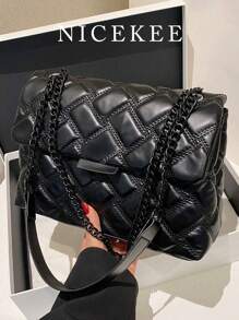 Fall And Winter New Fashionable High-Grade Texture Simple Simple Color Cross-Body Bag, Exquisite Niche Lattice Design Chain Sense Shoulder Straps Shoulder Bag, Classic Elegant Beauty Multi-Functional Ladies Commuter Bag - Black - View 2