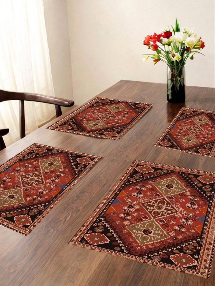 4 Pcs Vintage Bohemian Placemats, Carpet Pattern Printed Table Mats, Dining Room Kitchen Farmhouse Home Decor For Family Holiday Party Wedding