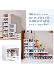 6 Pcs/Set Stackable Clear Plastic Shoe Boxes, Closet Shoe Organizer, Modular Shoe Storage Containers, White Plastic Shoe Storage - Multicolor - View 4