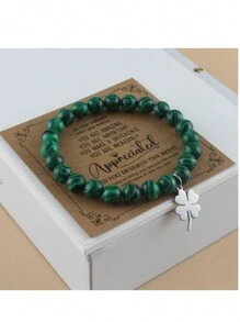 1pc Green Turquoise Beaded Bracelet With Stainless Steel Four-Leaf Clover Pendant, Suitable For Men's Daily Wear, Perfect Gift For St. Patrick's Day