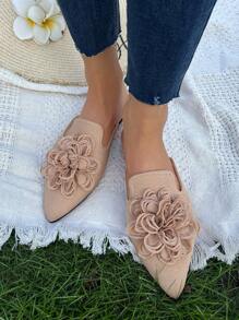 Höst/vinter kakifärgade muleskor med spetsiga tå och prydlig blomdekor, bekväma slip-on-loafers för kvinnor, mångsidiga och eleganta, platta och rygglösa skor för vår och sommar - Kaki - Visa 3