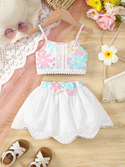 女婴花卉全印花弹力后肩带短款上衣 + 蝴蝶结装饰荷叶边下摆分层裙子 2 件套