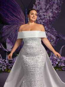 Faeriesty 露肩系带后背缎面拖尾亮片婚纱 - 白色 - 查看 9