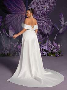 Faeriesty 露肩系带后背缎面拖尾亮片婚纱 - 白色 - 查看 3