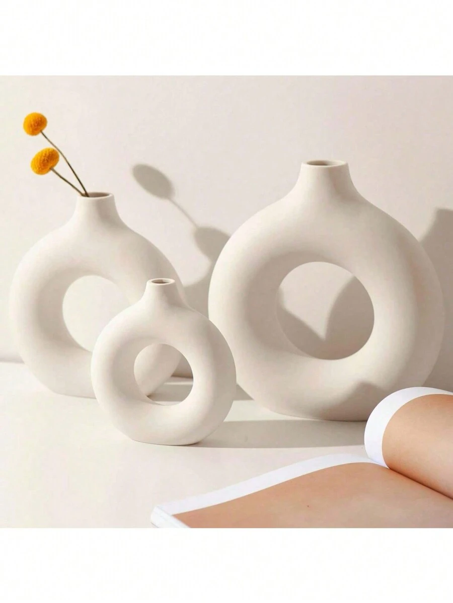 1pc Nordic Style Creative Donut Shaped Plastic Flower Vase, Decoration For Home, Living Room, Dining Table Home Decor Room Decor Glass Vase - Beige - View 1