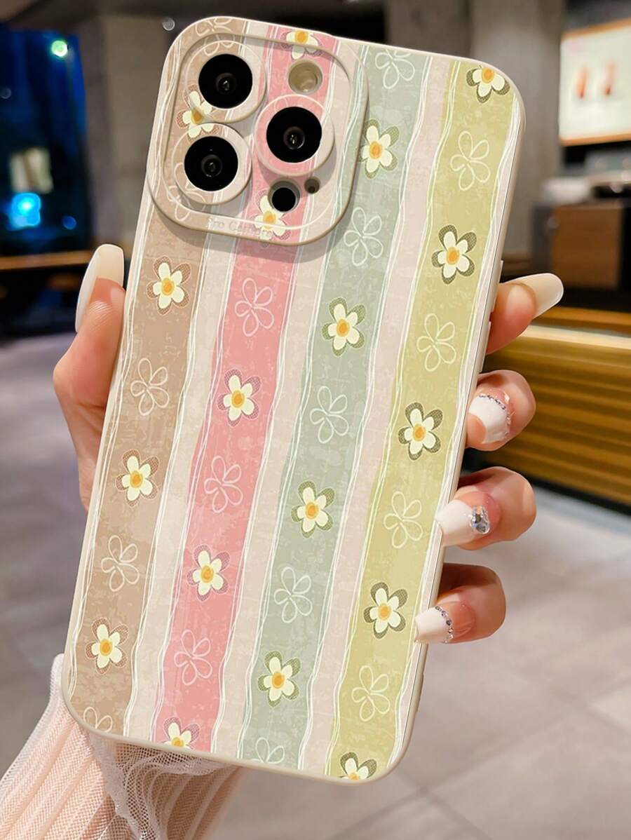 Ốp điện thoại họa tiết hoa sọc, chống rơi vỡ, tương thích với iPhone/Galaxy/Infinix/Redmi/OPPO/VIVO/Realme, phiên bản quốc tế, không phải phiên bản nội địa. - Màu be - Xem 1