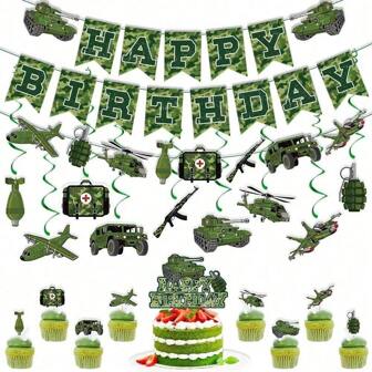 1pc, 8pcs, 9pcs Camouflage Theme Birthday Party Decor Set, Includes 'Happy Birthday' Banner, Cake Toppers, Hanging Spiral Decor - Make Your Birthday Celebration Unique,Christmas