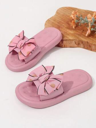 1 Pair Of Girls Bow PU Flat Cute Sandals Suitable For Summer