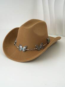 1pc Silvery Metal Butterfly Felt Cowgirl Hat, Fashionable , Suitable For Western-Style Outfits And Occasions Like Western Themed Events, Music Festivals