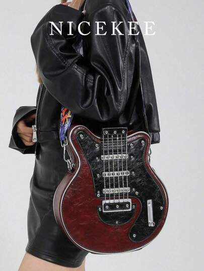 Y2K Retro Guitar Shaped Women's Shoulder Bag, Bass Guitar Unique Design Crossbody Bag, Chain Rivet Decor, Contrast Color Wide Strap, Street Fashion, Personality Design, Steampunk, Gothic Style, Ladies Handbag, Cool Girl Street Outfit, Music Festival & Concert Essential, Rock Style Women Bag