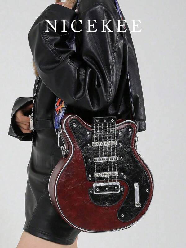 Y2K Retro Guitar Shaped Women's Shoulder Bag, Bass Guitar Unique Design Crossbody Bag, Chain Rivet Decor, Contrast Color Wide Strap, Street Fashion, Personality Design, Steampunk, Gothic Style, Ladies Handbag, Cool Girl Street Outfit, Music Festival & Concert Essential, Rock Style Women Bag