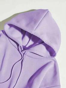Capucha con estampado de letra con forro térmico con bolsillo de canguro con cordón - Morado - Ver 3