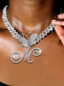银色女士项链 A-Z 首字母个性化嘻哈经典蝴蝶字母吊坠链项链和手链套装饰物 26 个幸运字母，适合男女日常佩戴情人节时尚珠宝礼物，妈妈，母亲，母亲节，礼物 - 蝴蝶型 - 查看 3