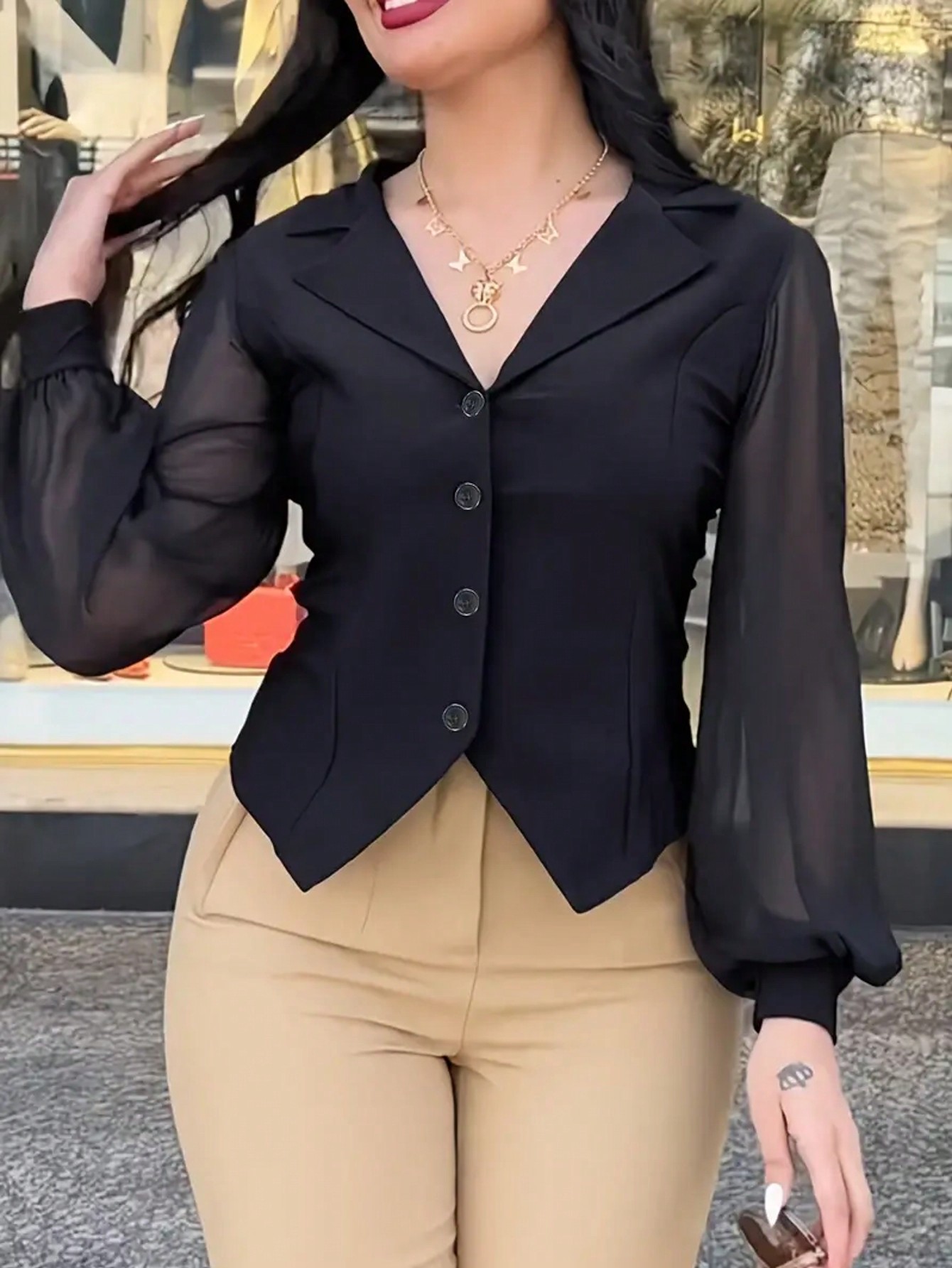 بلوزة ذات أكمام فوانيس بلون سادة مناسبة للعمل والك...