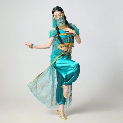 Trang phục biểu diễn Halloween, trang phục công chúa múa bụng gợi cảm, bao gồm quần, áo, khăn trùm đầu, mạng che mặt và vòng tay mùa xuân.