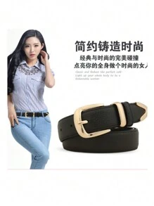 1 Piece 3cm Litchi Embossed Belt, Versatile Style, Metal Buckle For Everyday Use With Leather Lining - Black - View 1