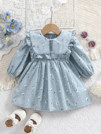 1 件女童中童花卉印花灯芯绒领宽松休闲连衣裙，柔软优雅中长连衣裙，适合春秋季节