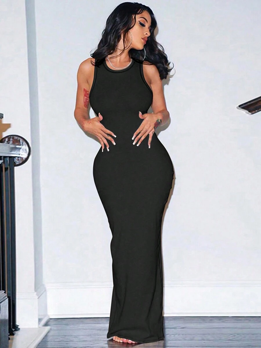 Đầm không tay cổ tròn dáng ôm màu trơn thời trang, phong cách thường ngày - màu đen - Xem 1