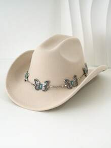 1pc Silvery Metal Butterfly Felt Cowgirl Hat, Fashionable , Suitable For Western-Style Outfits And Occasions Like Western Themed Events, Music Festivals