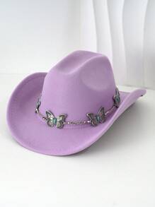 1pc Silvery Metal Butterfly Felt Cowgirl Hat, Fashionable , Suitable For Western-Style Outfits And Occasions Like Western Themed Events, Music Festivals