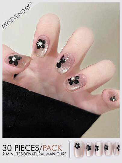 30 Pieces Of Short Coffin Shaped Pressed Fake Nail Patches, Rhinestone Black Floral Sweet And Cool Japanese And Korean Style Women'S Fingernail Patches, New And Fashionable Fingertips, Matched With 1 Piece Of Jelly Glue And 1 Piece Of Rubbing Strip, Suitable For Women'S Parties, Dances, Daily Casual Wear, Detachable And Reusable Wear Nails Nail Supplies Nails