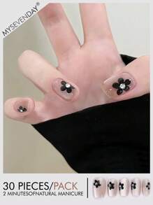 30 Pieces Of Short Coffin Shaped Pressed Fake Nail Patches, Rhinestone Black Floral Sweet And Cool Japanese And Korean Style Women'S Fingernail Patches, New And Fashionable Fingertips, Matched With 1 Piece Of Jelly Glue And 1 Piece Of Rubbing Strip, Suitable For Women'S Parties, Dances, Daily Casual Wear, Detachable And Reusable Wear Nails Nail Supplies Nails