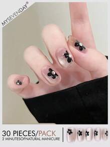 30 Pieces Of Short Coffin Shaped Pressed Fake Nail Patches, Rhinestone Black Floral Sweet And Cool Japanese And Korean Style Women'S Fingernail Patches, New And Fashionable Fingertips, Matched With 1 Piece Of Jelly Glue And 1 Piece Of Rubbing Strip, Suitable For Women'S Parties, Dances, Daily Casual Wear, Detachable And Reusable Wear Nails Nail Supplies Nails