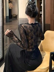 Autumn/Winter New Sexy Lace Patchwork Knit Slim Fit Camisole Top - Black - View 1