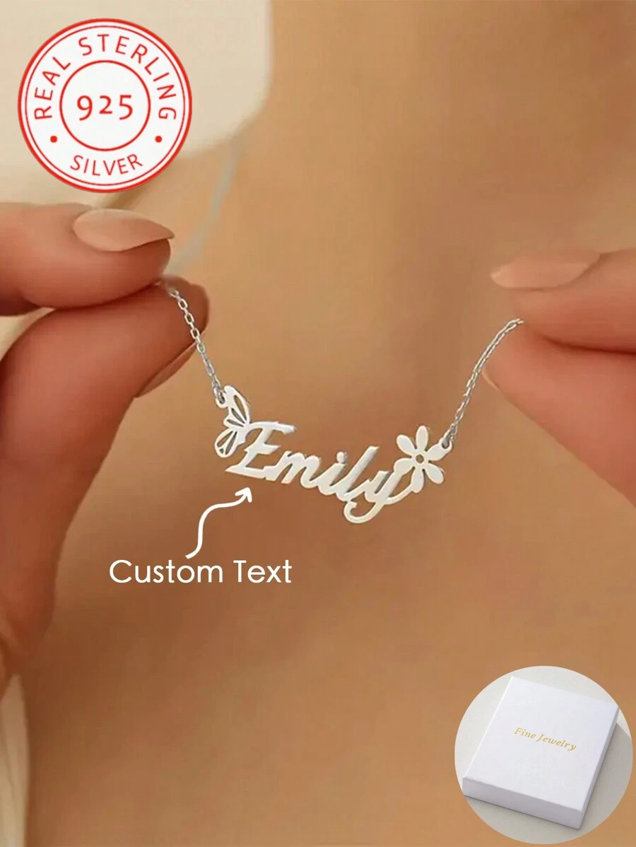 Collana personalizzata in argento 925 con farfalla e fiore con nome personalizzato, un regalo a sorpresa per i propri cari, amici e famiglia. Argento, elegante, colorato, vintage, unisex, hipster, semplice, casual, personalizzato, unico, regalo ideale per lui, regalo ideale per lei, lei, fidanzato, fidanzata, papà, mamma, famiglia, amici, per anniversari, per compleanni, per laurea, per feste, per feste, gioielli da donna