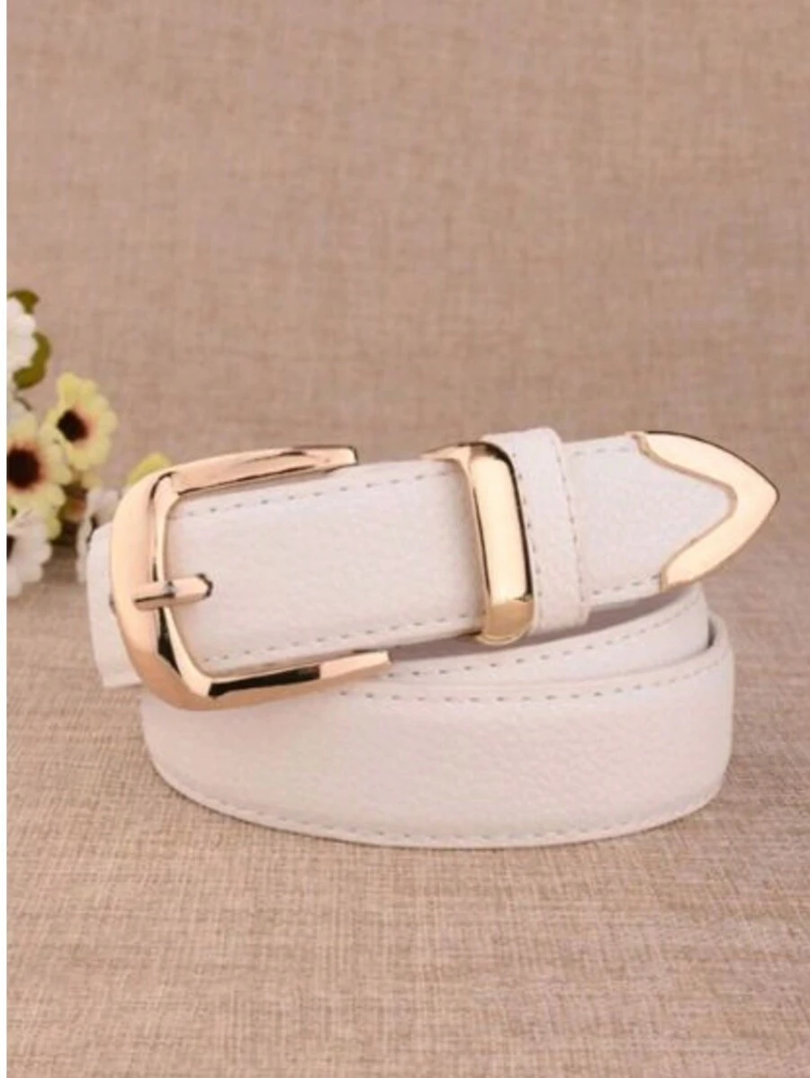 1 Piece 3cm Litchi Embossed Belt, Versatile Style, Metal Buckle For Everyday Use With Leather Lining - White - View 1