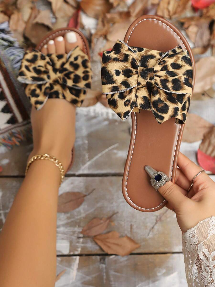 Leopard Bow Fashion Versatile Soft Sole Women Summer Slip-On Sandals, Vacation Style Flat Slippers, New 2025 Collection - Yellow - View 1
