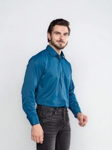 Men's Plain Wrinkle-Free Dress Shirt - Medium Wash - View 9