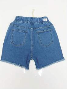 Women's Simple Solid Color Casual Denim Shorts With Elastic Waist And Drawstring, Frayed Hem Design - Blue - View 6