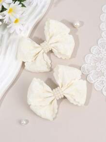 2pcs White Hair Bow Clips For Girls,Fabric Yarn Pearl Hair Bows Clips For Kids,Fashion Alligator Clips Decor Hair Accessories For Toddlers Gifts