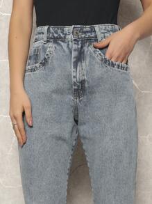 Women's High Waisted Mom Jeans Marbled Thick Fabric Gaven Premium 100% Denim High Waist - 中等水洗藍 - 查看 4