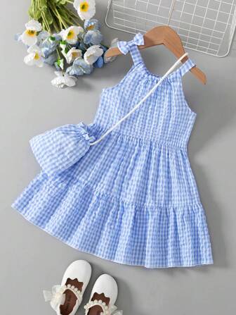 BASUSARRI 女童碎花拼接无袖公主连衣裙，配同款迷你包，可爱简约度假风