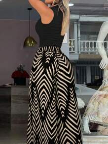 Conjunto de dos piezas con top de punto de cuello semi alto con patrón de onda y pantalones anchos tejidos de estilo casual de vacaciones para mujer - Multicolor - Ver 2