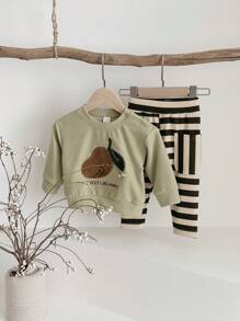 2pcs/Set Baby Boy Pear Embroidery Sweatshirt And Pants Set, Spring & Summer - Olive Green - View 3