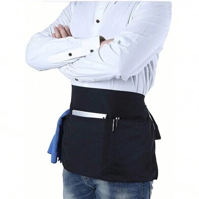 1 件男女通用涤纶围裙，带 3 个口袋，短款半腰服务员工作制服，适用于厨房用品，酒店餐厅服务员腰围，厨房烹饪烘焙围兜，厨师围裙